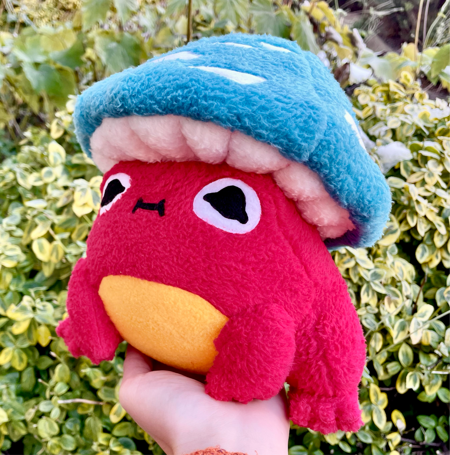 Hand Made Plush - Fluffy Bright Red Chubby Frog with Turquoise Mushroom Hat Plushie, Ready to Post.