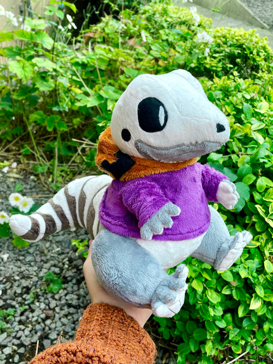 Hand Made Plush - Spooky Skeletal Lizard with Purple and Orange Pumkin Hoddie, Ready to Post.
