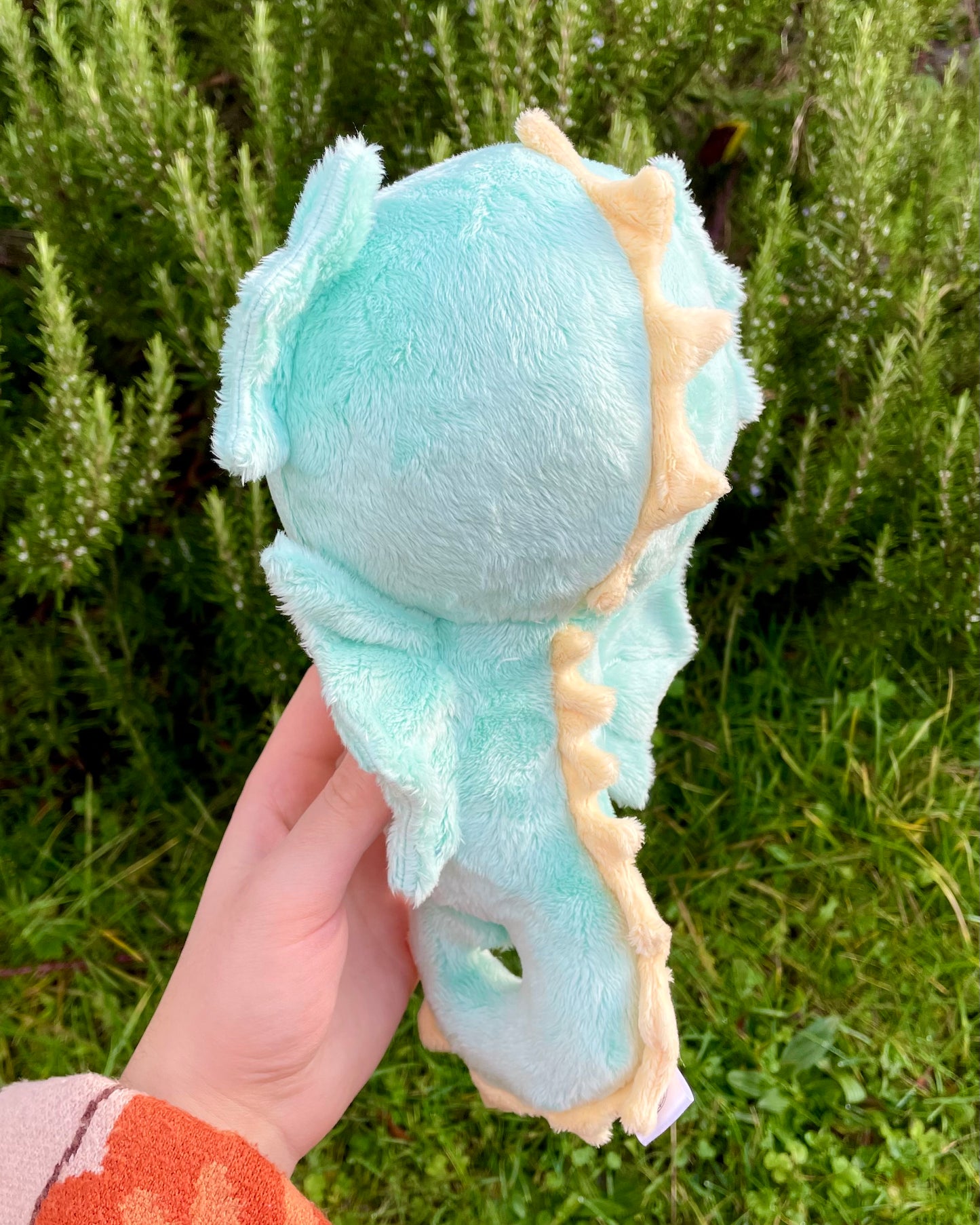 Hand Crafted Plushie - Cyan Blue Seahorse Plush with Yellow Accents and Light Green Belly, Ready to Post