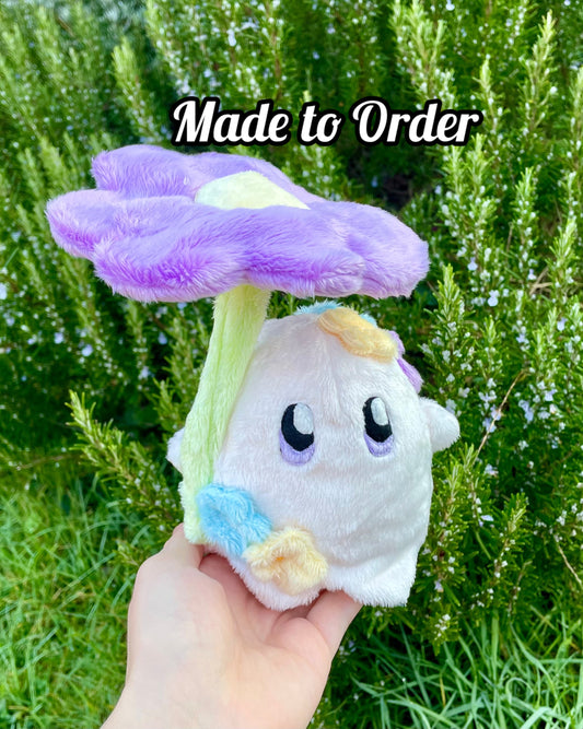 Hand-Crafted Plush, Made to Order - Ghost Sprite Plush with Posable Wired Violet Flower (Up to 4 Week Wait)