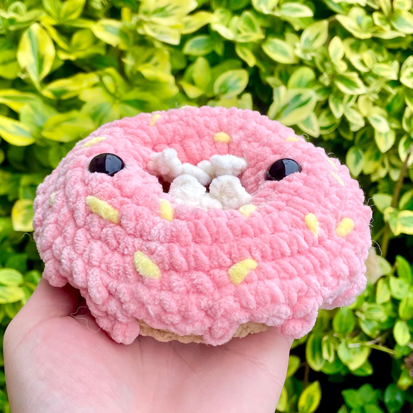 Pink Monster Doughnut with Yellow Sprinkles Crocheted Plushie