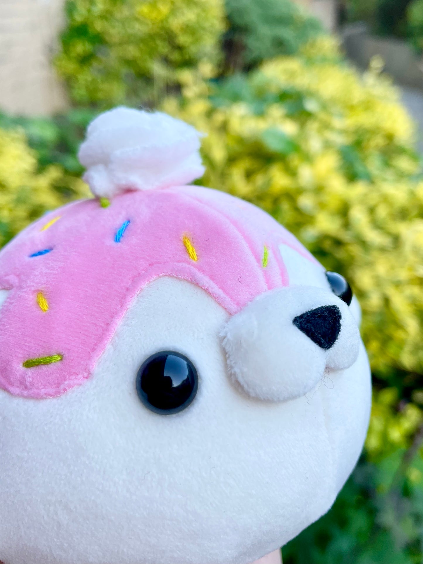 Hand Crafted Plushie - Squishy Sprinkle Seal with Pink/Strawberry Drizzle Frosting and Whip Cream Plush, Ready to Post.