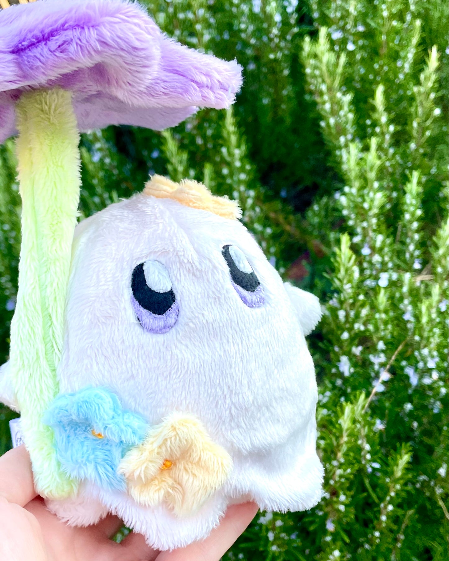 Hand-Crafted Plush, Made to Order - Ghost Sprite Plush with Posable Wired Violet Flower (Up to 4 Week Wait)