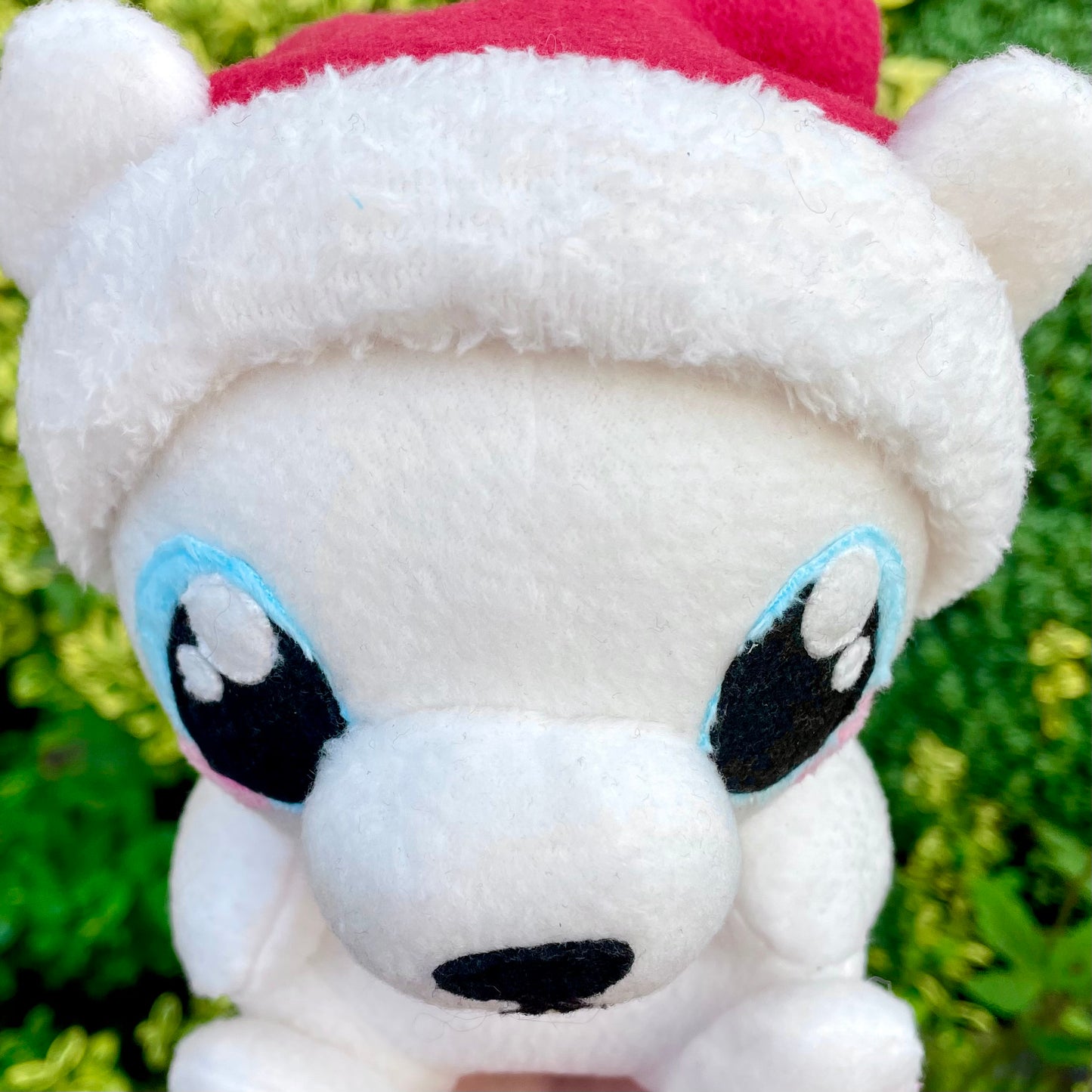 Hand Made Plush - Cream Polar Bear wearing a Red and White Hat Stuffed Plushie, Ready to Post.