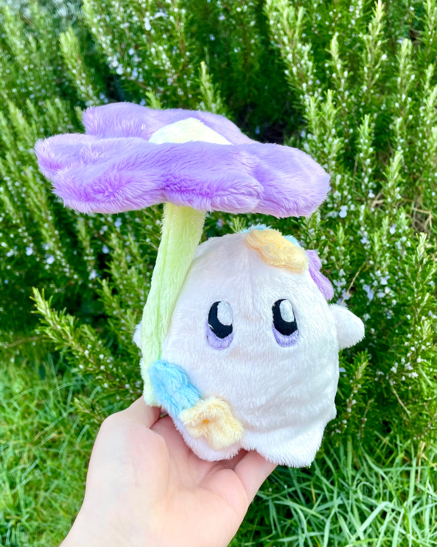 Hand-Crafted Plush, Made to Order - Ghost Sprite Plush with Posable Wired Violet Flower (Up to 4 Week Wait)