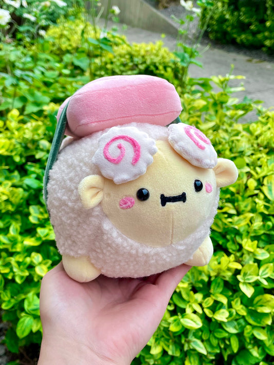 Hand Crafted Plushie - Sushi Sheep with Removable Nigiri and Salmon, with Fish-Cake Horns Plush, Ready to Post.