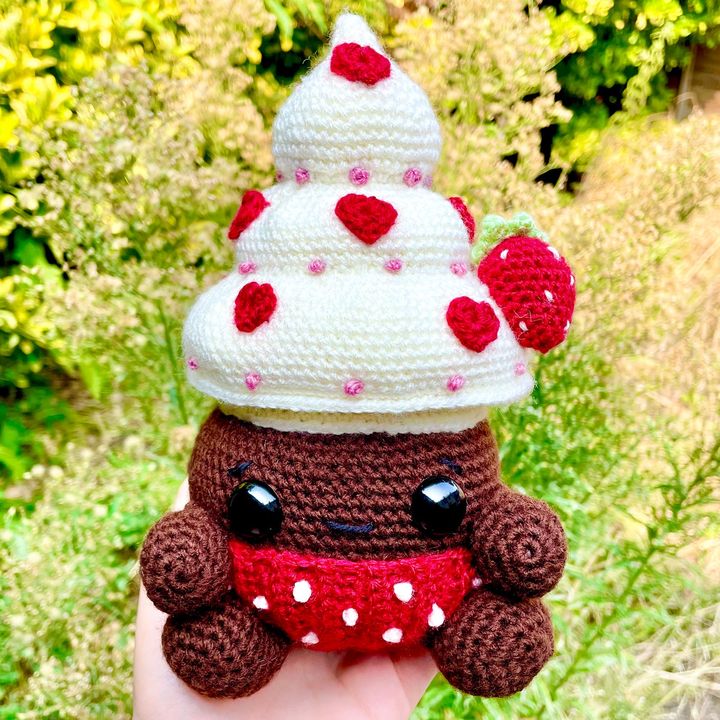 Decadent Red, Cream and Brown Mushroom Cupcake Crocheted Fungi Friend Plushie