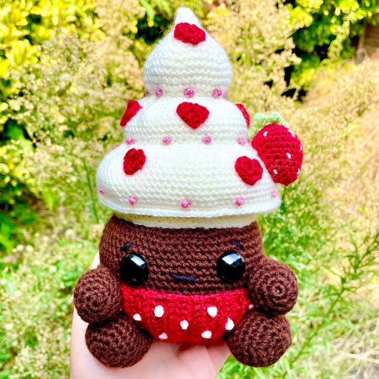 Decadent Red, Cream and Brown Mushroom Cupcake Crocheted Fungi Friend Plushie