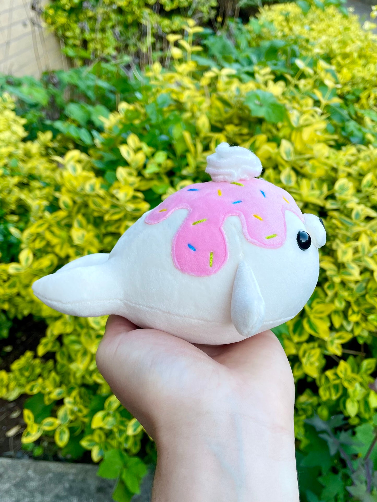 Hand Crafted Plushie - Squishy Sprinkle Seal with Pink/Strawberry Drizzle Frosting and Whip Cream Plush, Ready to Post.