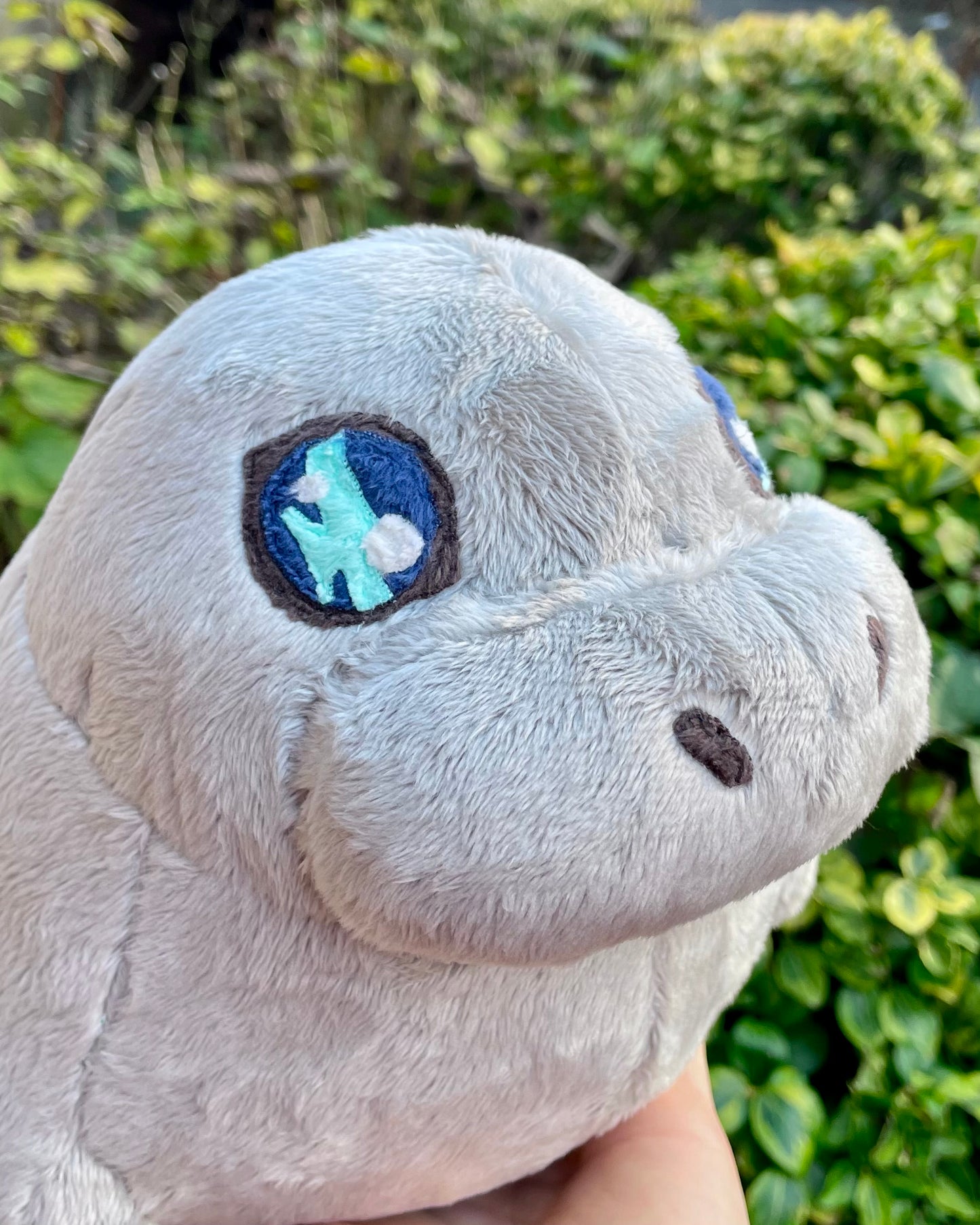 Hand Crafted Plush - Soft Grey Manatee with Mossy Green Algae, Ready to Post