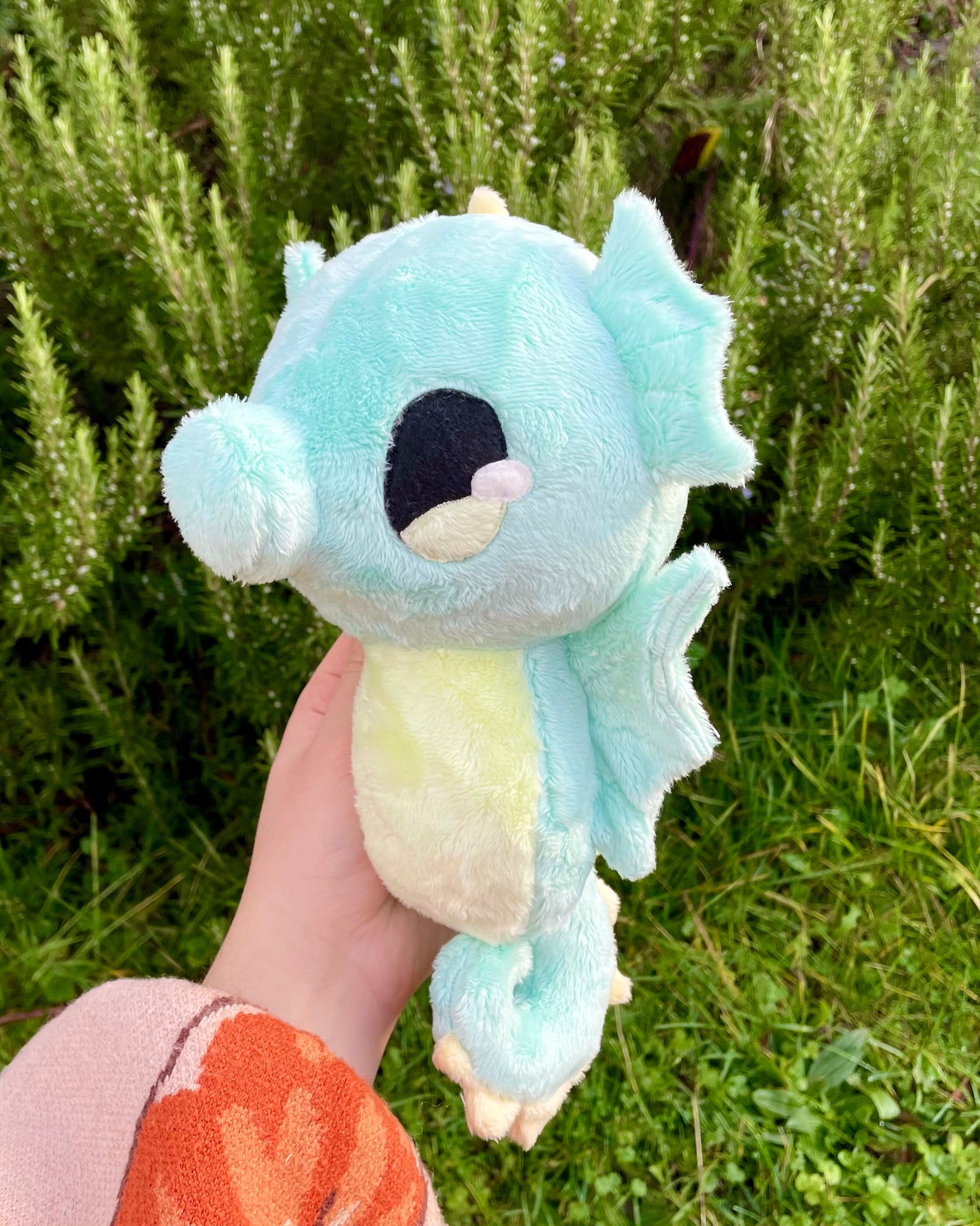 Hand Crafted Plushie - Cyan Blue Seahorse Plush with Yellow Accents and Light Green Belly, Ready to Post
