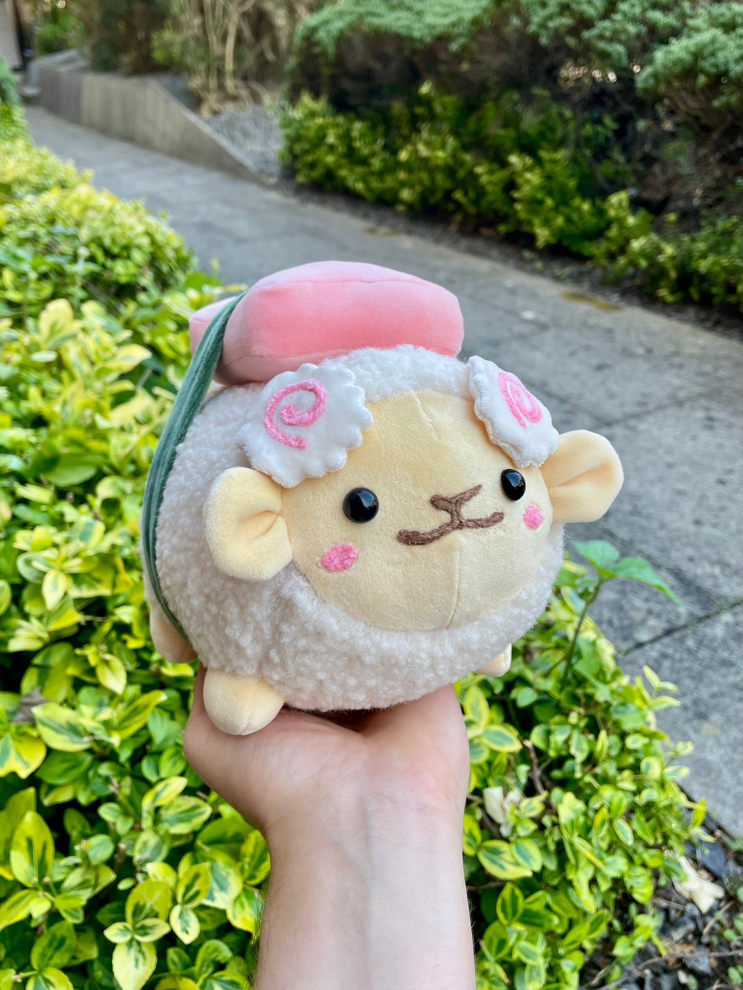 Hand Crafted Plushie - Sushi Sheep with Removable Nigiri and Salmon, with Fish-Cake Horns Plush, Ready to Post.