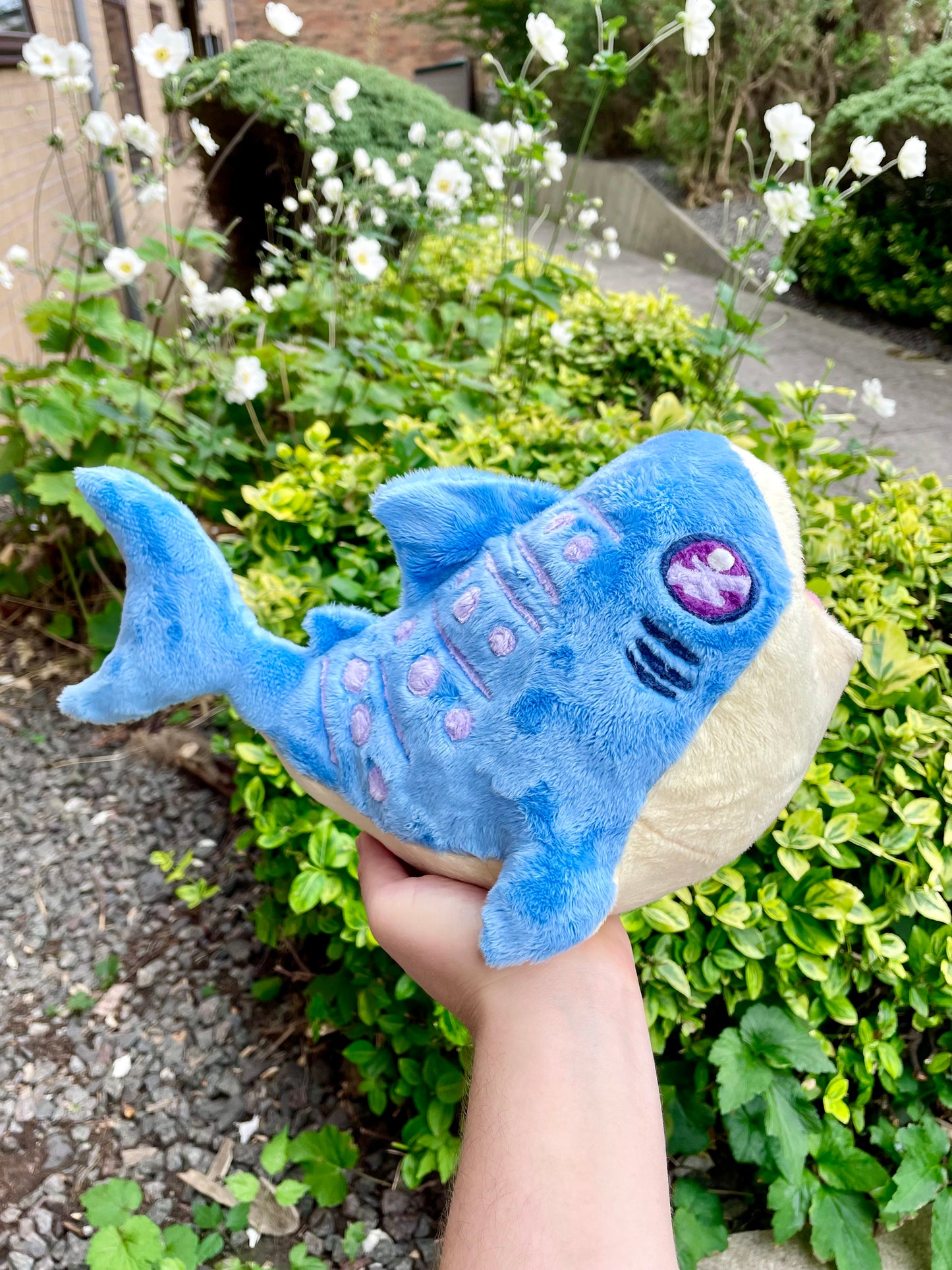 Hand Crafted Plushie - Blue and Yellow Whale Shark Plushie with Light Purple Accents and Pocket Mouth, Ready to Post.