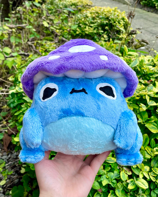Hand Made Plush - Blue Cheeky Chubby Frog with Rich Purple Mushroom Hat Plushie, Ready to Post.