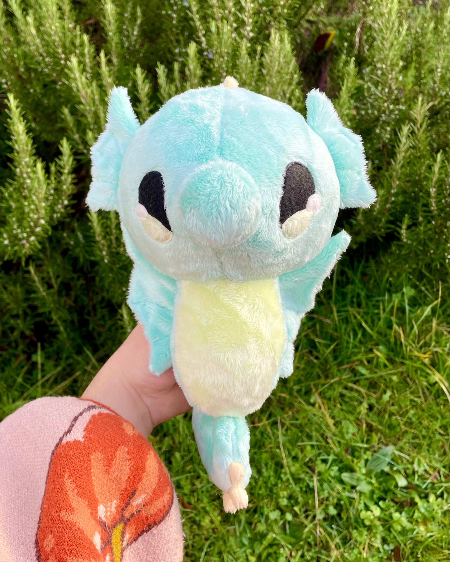 Hand Crafted Plushie - Cyan Blue Seahorse Plush with Yellow Accents and Light Green Belly, Ready to Post
