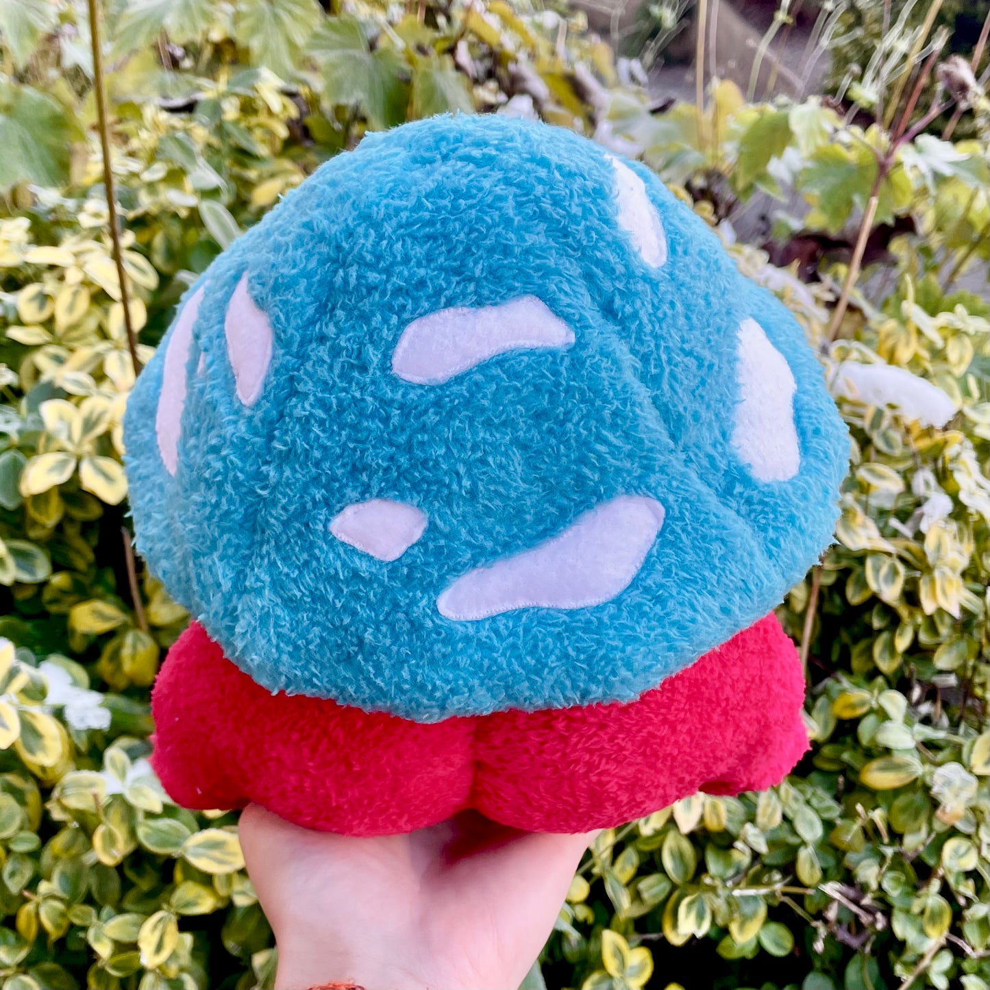 Hand Made Plush - Fluffy Bright Red Chubby Frog with Turquoise Mushroom Hat Plushie, Ready to Post.