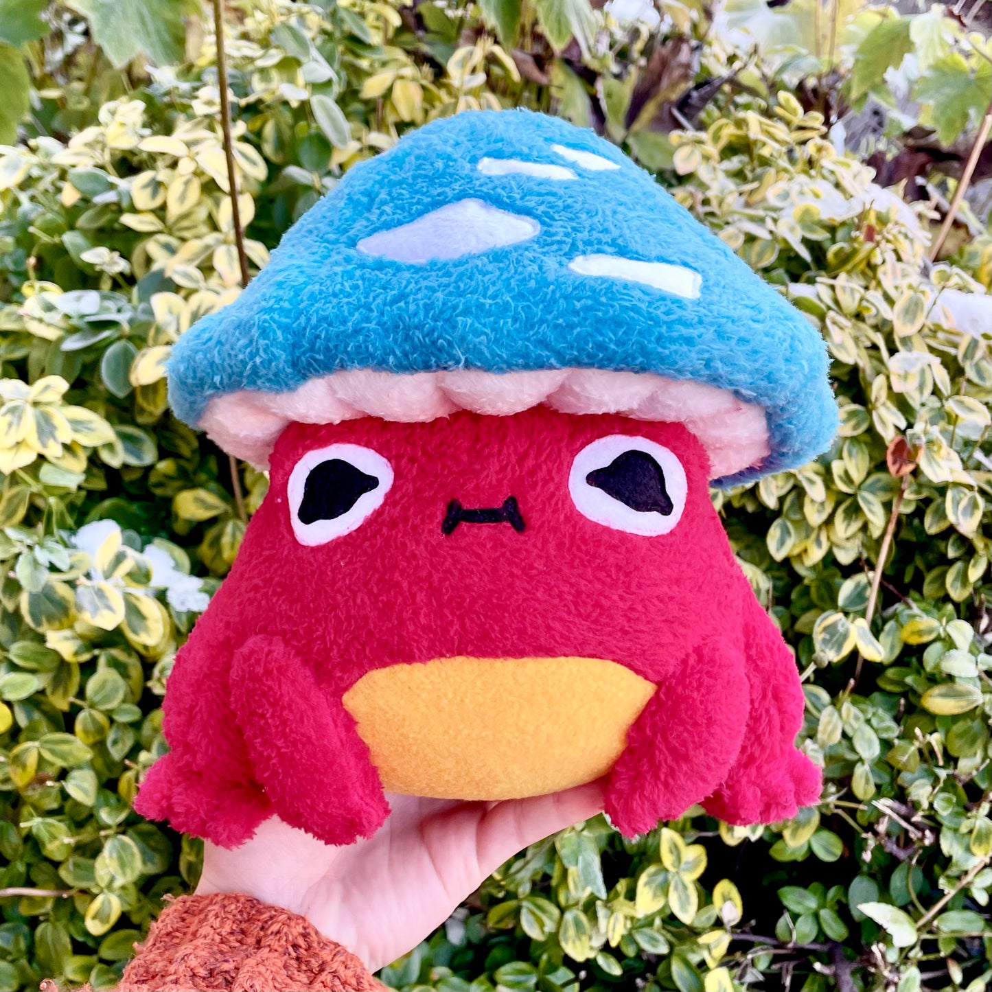 Hand Made Plush - Fluffy Bright Red Chubby Frog with Turquoise Mushroom Hat Plushie, Ready to Post.