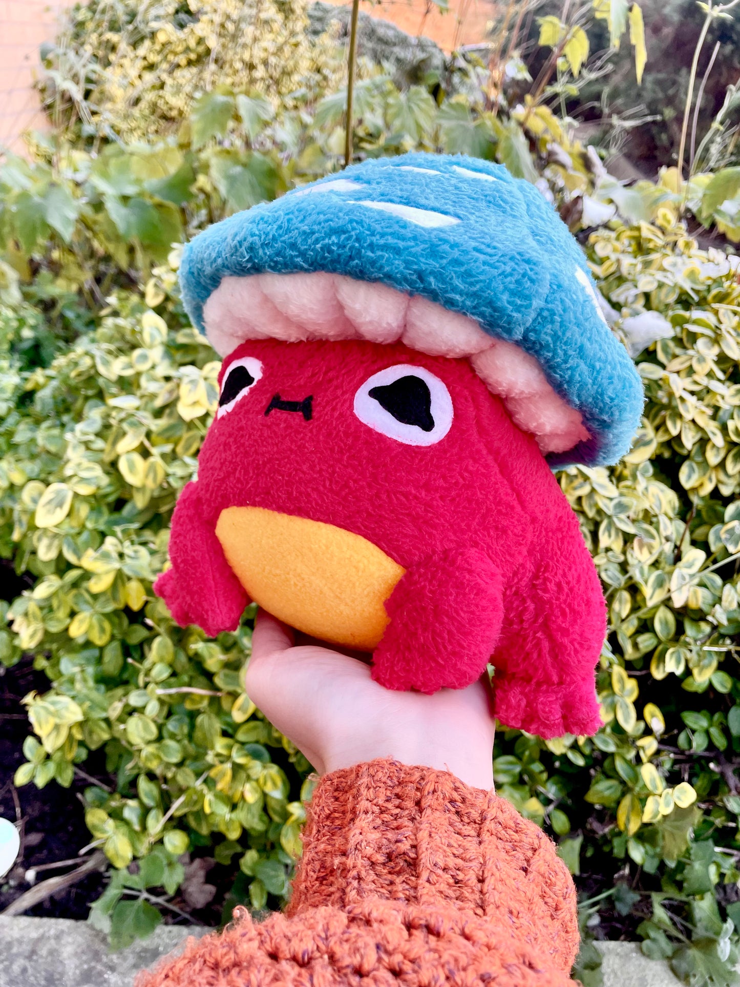 Hand Made Plush - Fluffy Bright Red Chubby Frog with Turquoise Mushroom Hat Plushie, Ready to Post.