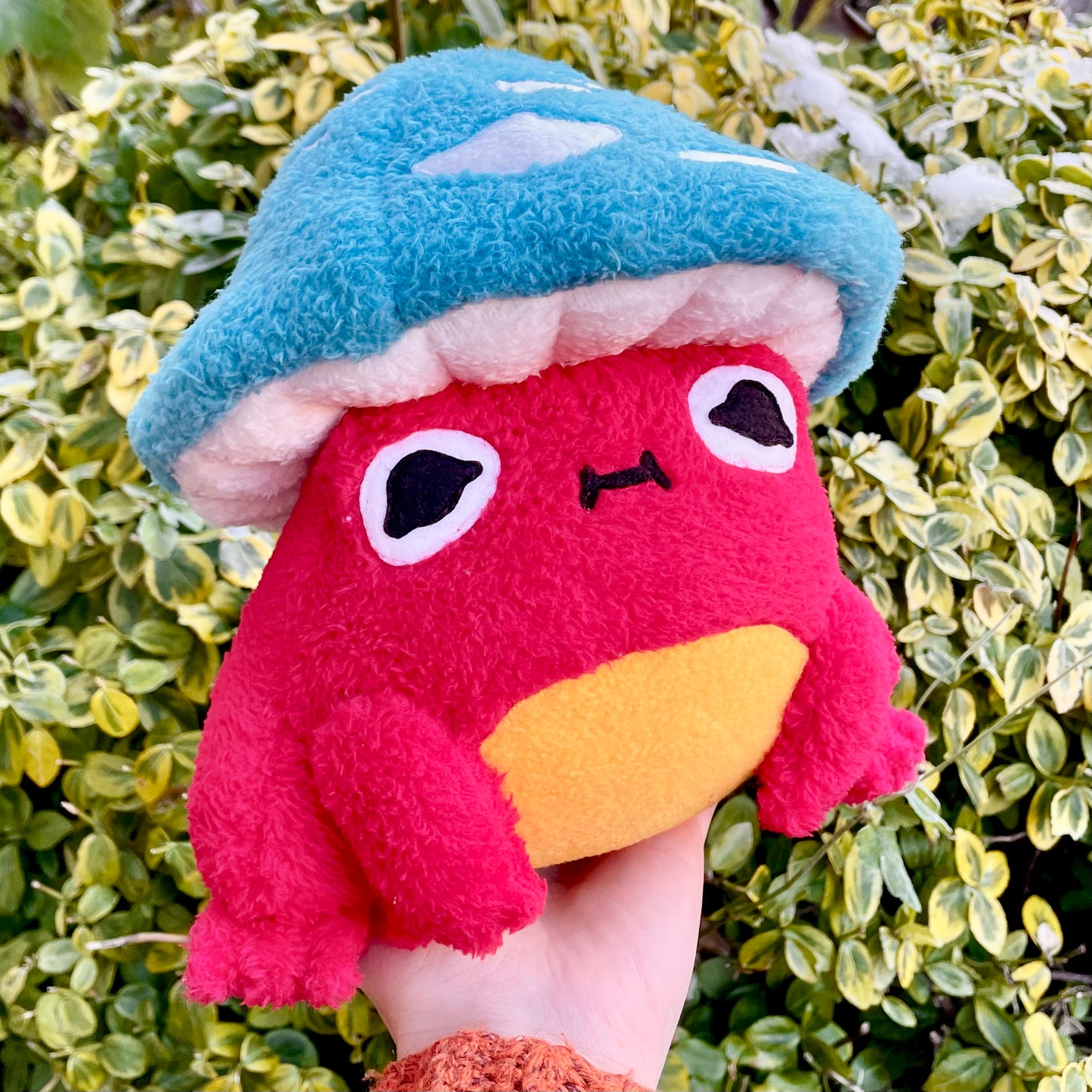 Hand Made Plush - Fluffy Bright Red Chubby Frog with Turquoise Mushroom Hat Plushie, Ready to Post.