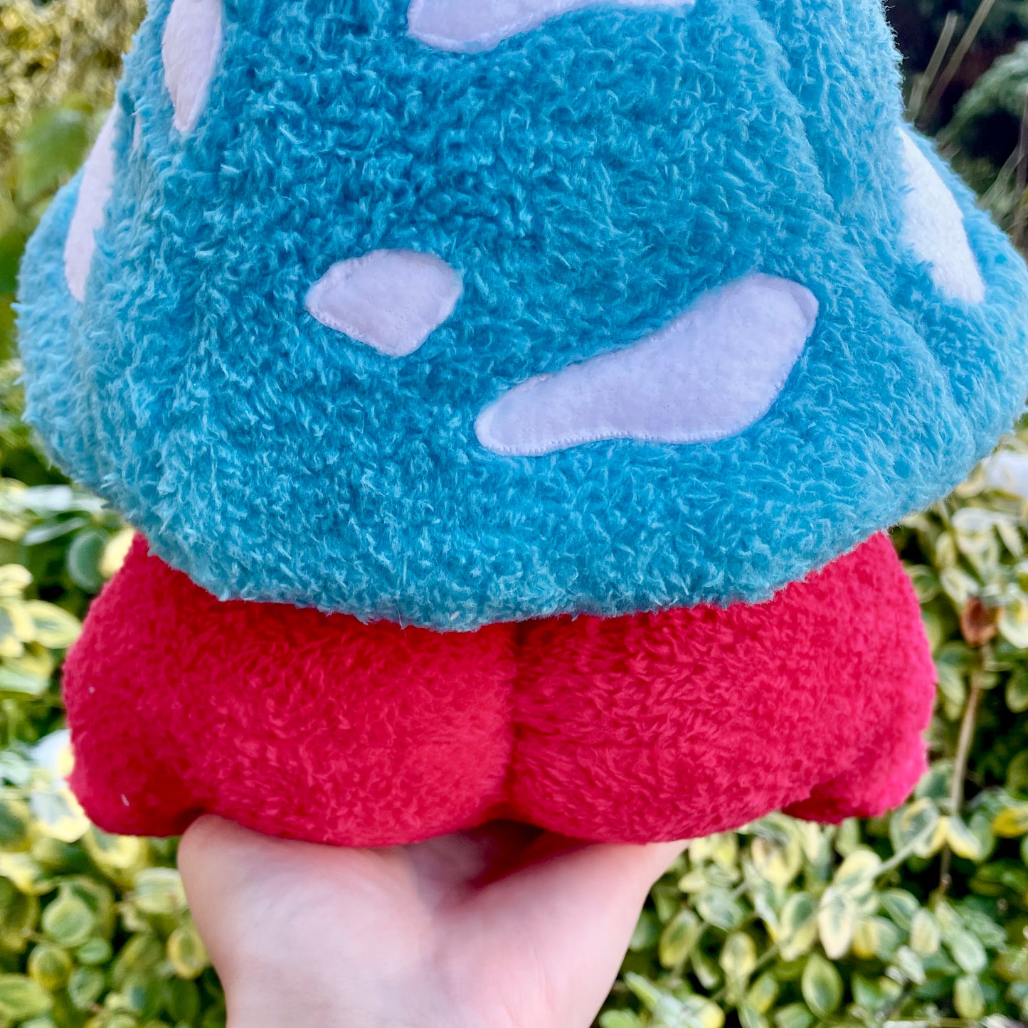 Hand Made Plush - Fluffy Bright Red Chubby Frog with Turquoise Mushroom Hat Plushie, Ready to Post.