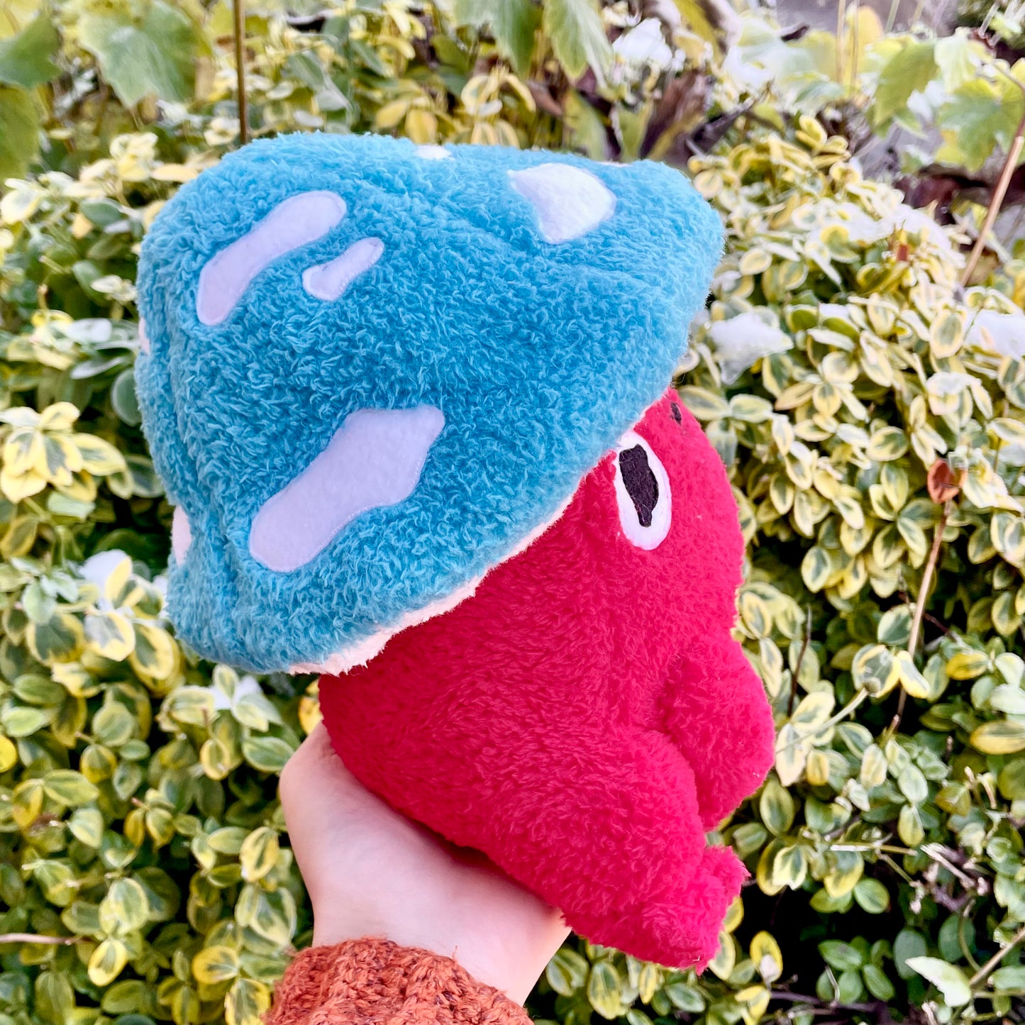 Hand Made Plush - Fluffy Bright Red Chubby Frog with Turquoise Mushroom Hat Plushie, Ready to Post.